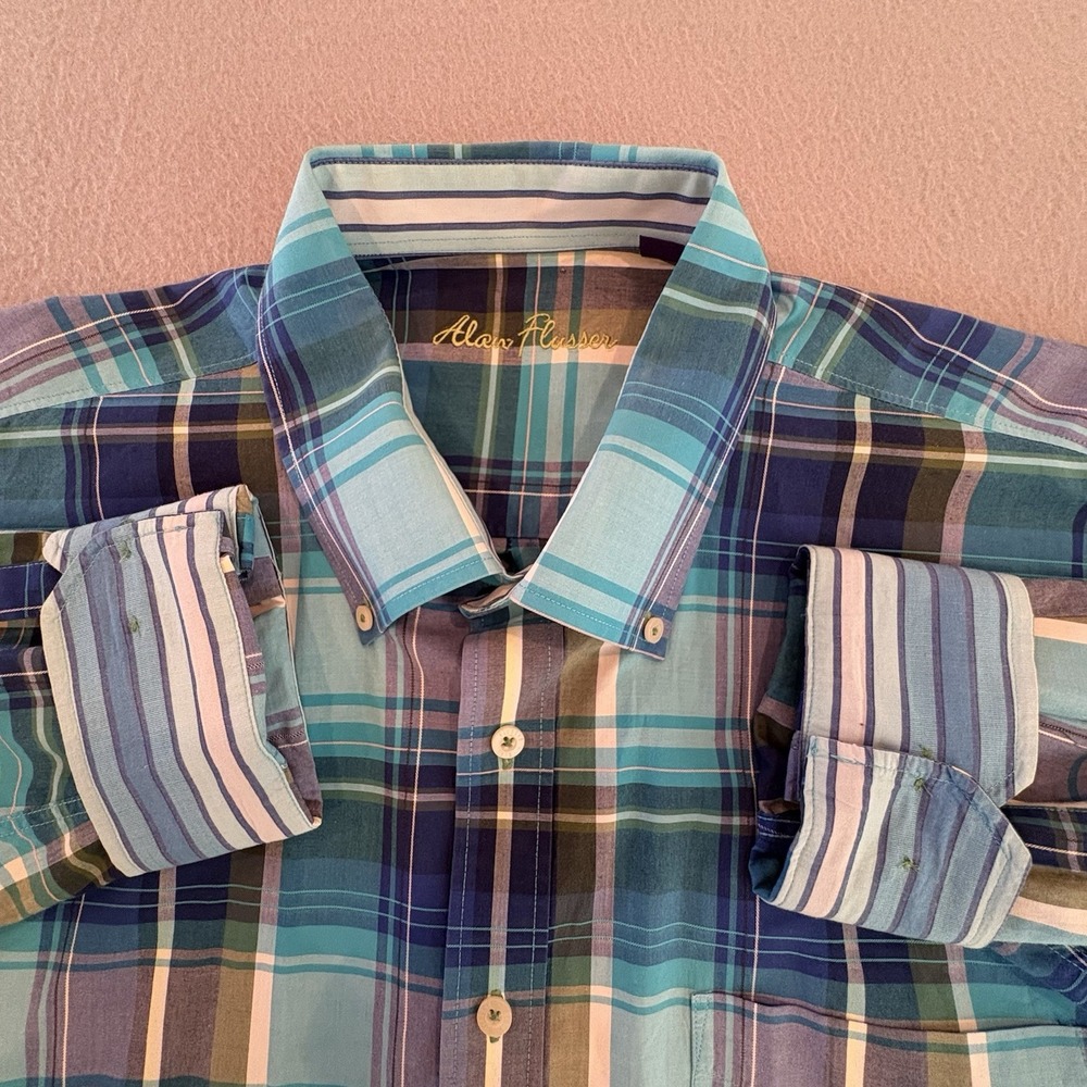 Alan Flusser Men XXL Button-Down Long Sleeve Blue Green Plaid Flip Cuff Cotton
